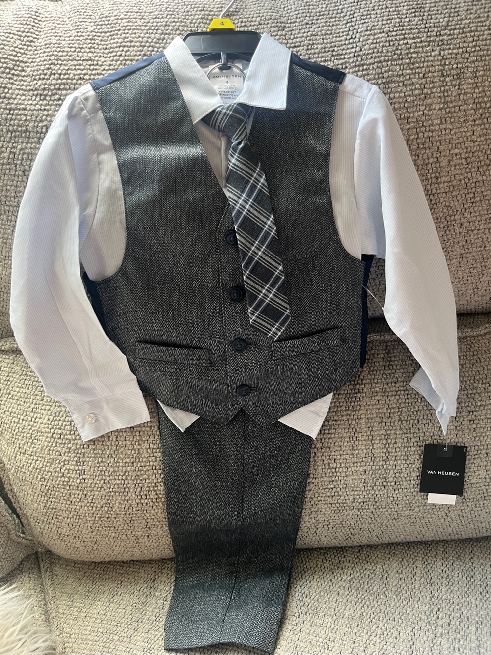 Van Heusen Gray Pinstripe Vest & Pants Set with White Shirt and Plaid Tie, 4T